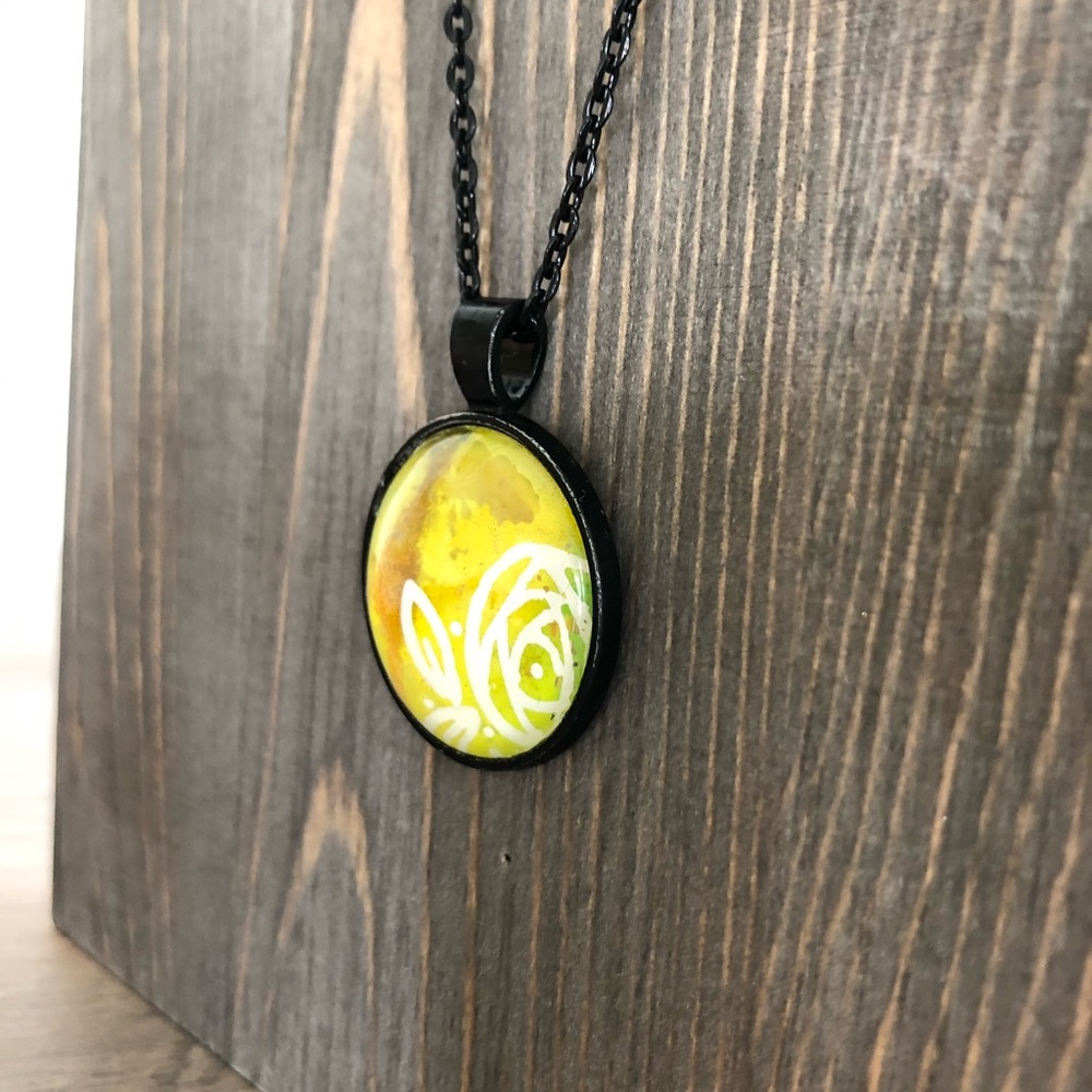 Yellow Rose Hand Painted Necklace 20" Black Chain